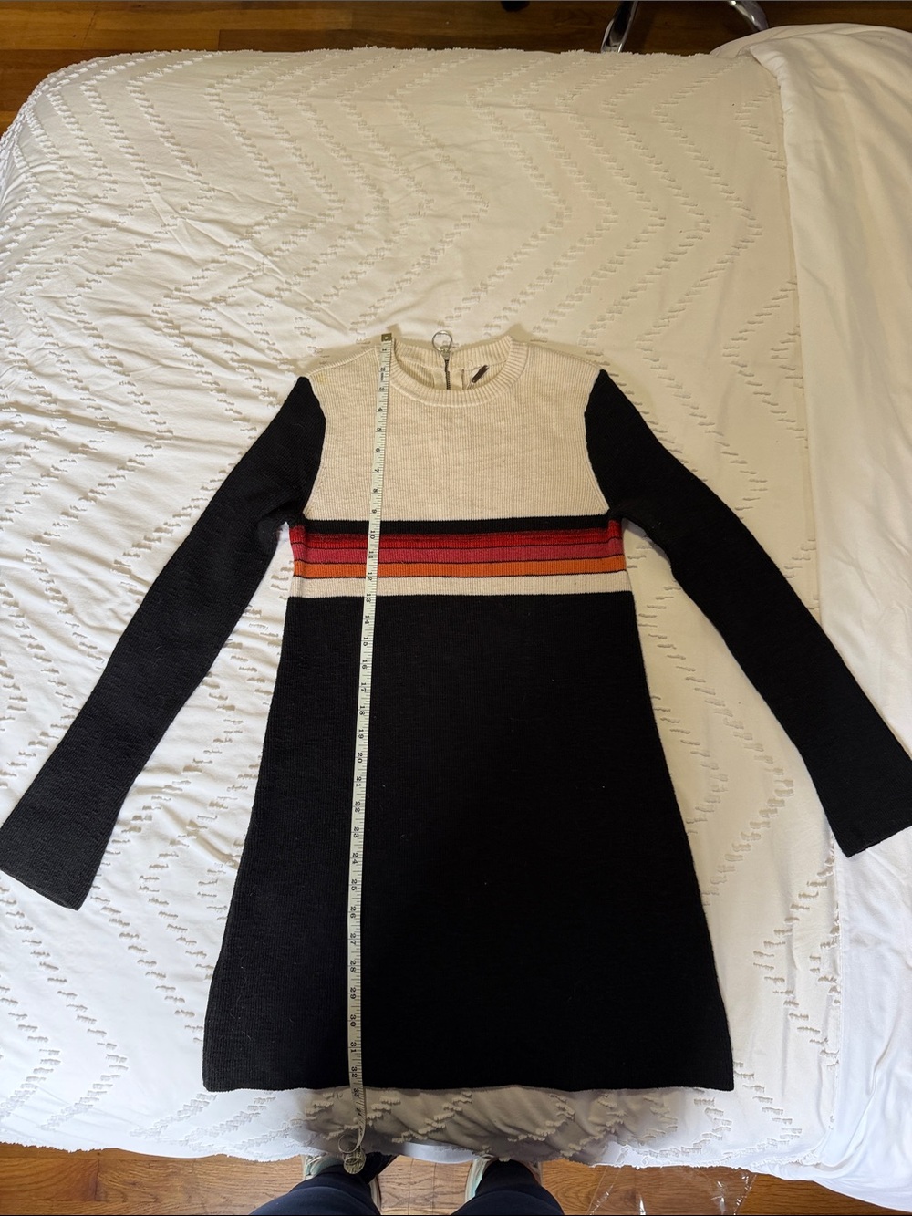 Free People Black and Cream Long-Sleeve Knit Dress with Striped Band